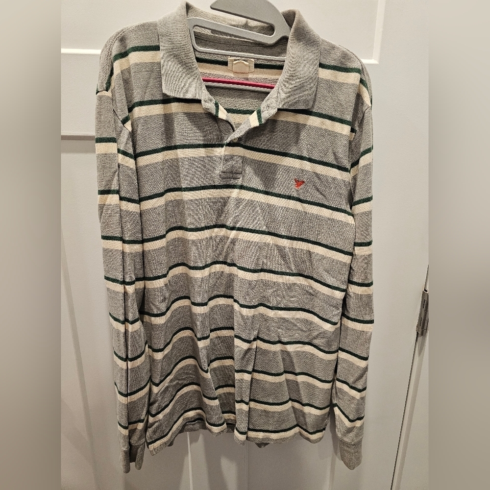 American Eagle Outfitters Striped Long Sleeve Polo Shirt Gray Green Cream Size L
